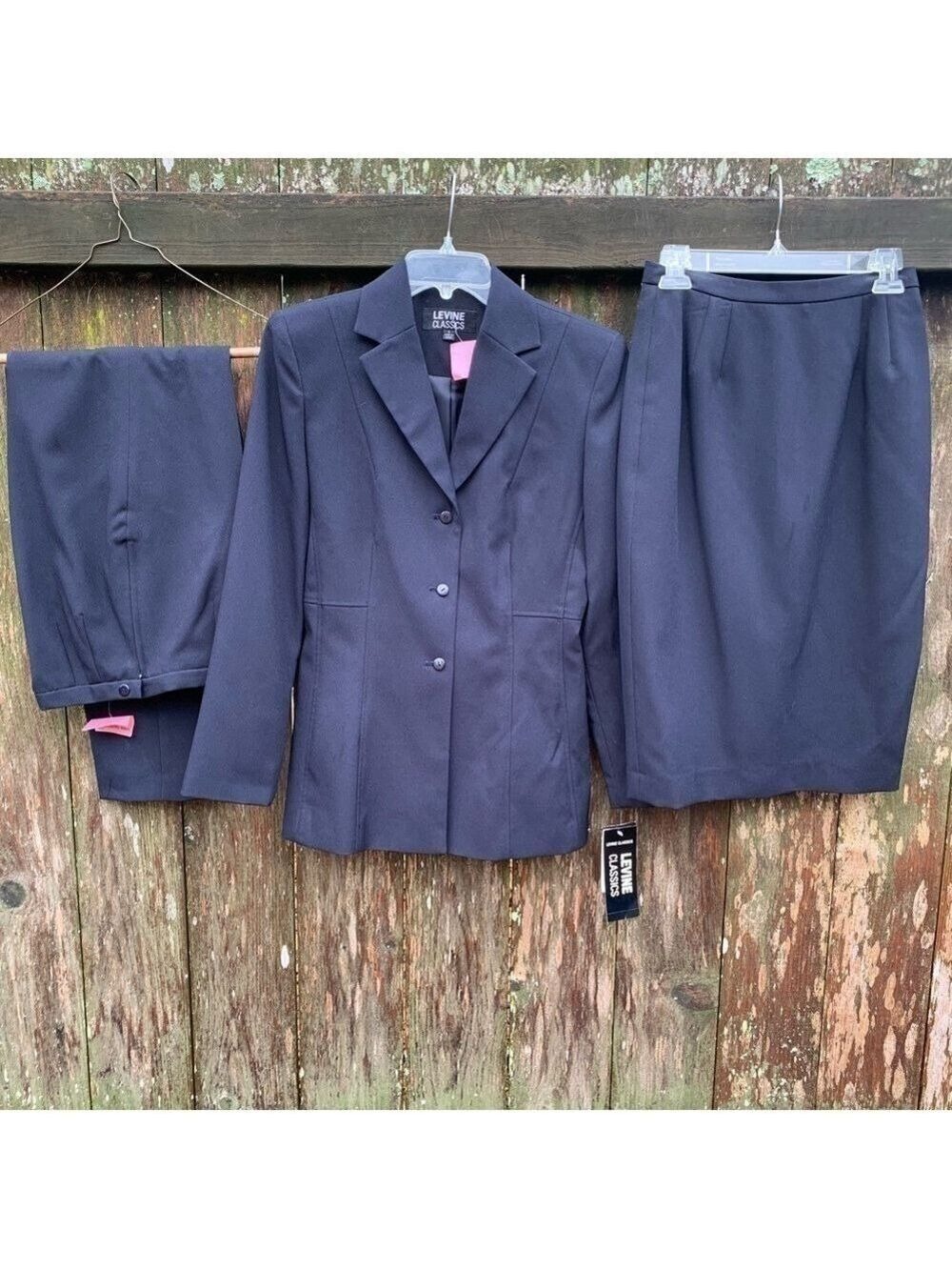 LEVINE CLASSICS Three piece suit dark navy blazer jacket pants skirt neutral